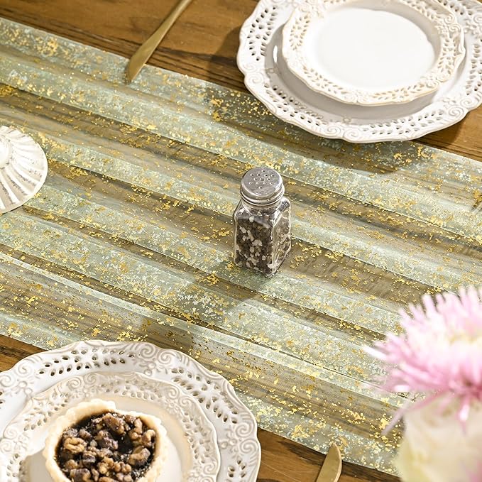 Artoid Mode Sage Green Gold Gauze Table Runner 59x120 Inch 10FT, Glitter Metallic Foil Sheer Dining Wedding Anniversary Holiday Birthday Table Decor for Home Party