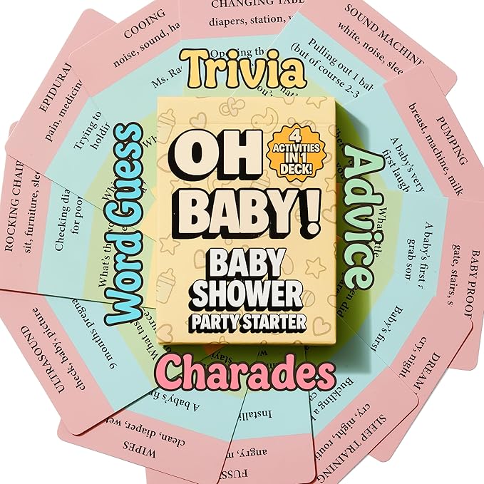 Fun & Easy Baby Shower Group Games Deck - Charades, Trivia, Word Guess, Advice - Easy to Play - 4 Activities in 1 Deck - Fun Icrebreaker for Baby Shower Boy Or Girl - Baby Shower Games
