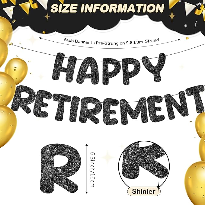 Fulmoon Pre Strung Happy Retirement Banner Glitter Retirement Sign Funny Official Retired Decor Party Decorations Supplies for Men Women Gifts (Black)