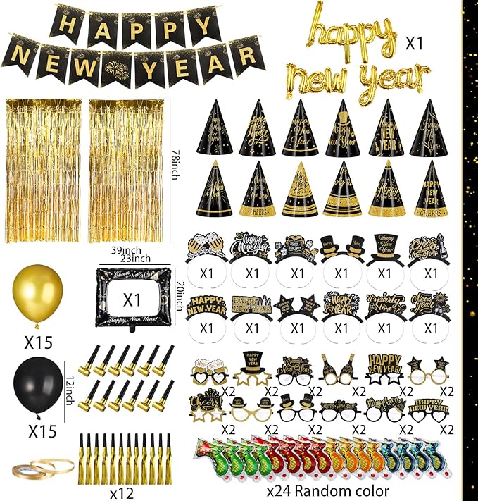 136 Pcs New Years Eve Party Supplies Kit New Year's Eve Party Supply Include Hats Glasses Headbands Blowouts Balloons Inflatable Fireworks Gun Banner for 2026 Holiday Celebration Decor