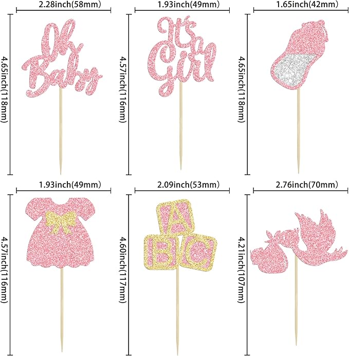 24Pcs Baby Shower Oh Baby Cupcake Toppers with Bow Dress Bottle Swan Pink Glitter It's a Girl Cake Picks Decorations for Baby Shower Gender Reveal Girls Birthday Party Supplies