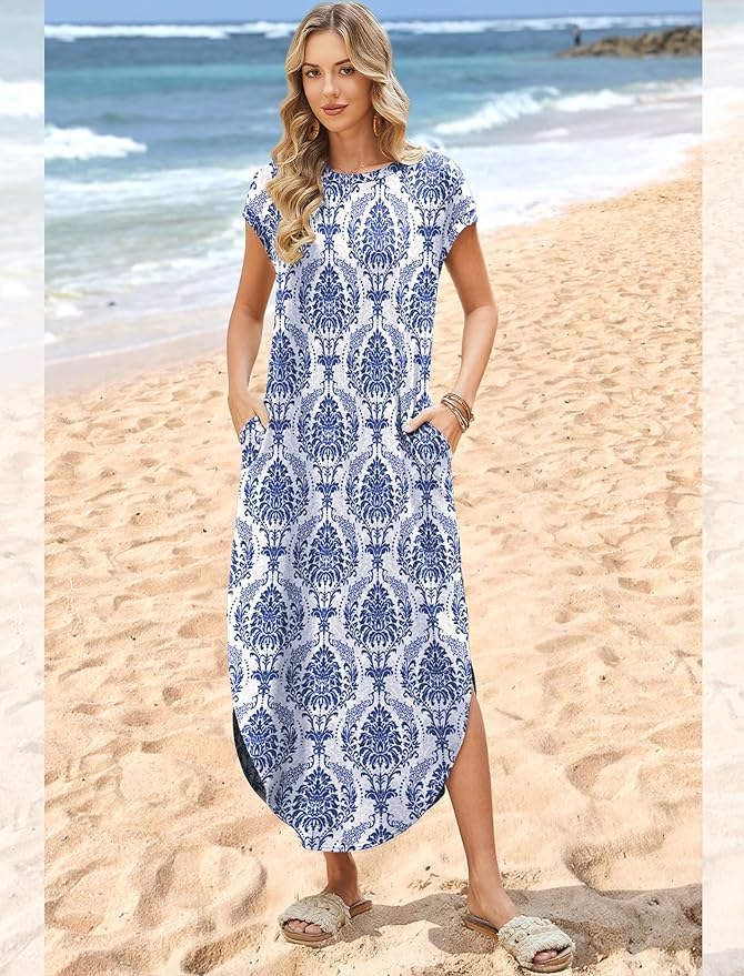 WIHOLL Summer Dresses Cap Sleeve Crewneck Maxi Long Casual Dress with Pockets Beach Vacation Sundresses 2026 Trendy