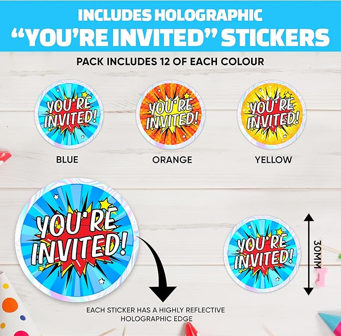 36 Kids Childrens Birthday Party Invitations with Folding Envelope Design and Holographic Stickers (Blue)