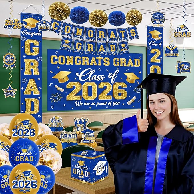 2026 Graduation Decorations - Blue Gold Congrats Grad Party Supplies include Card Box, Backdrop, Banner and Balloons for Class of 2026 Decorations Set
