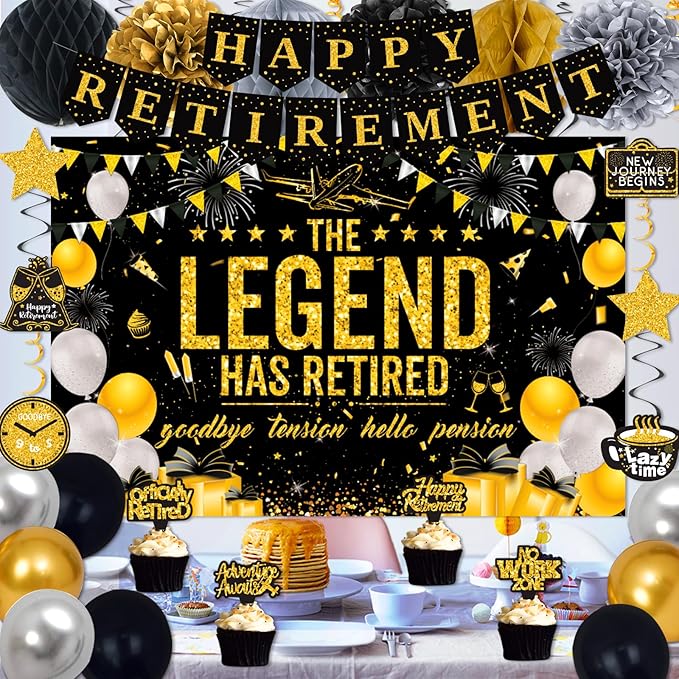 Retirement Party Decorations Men Women, Black Gold Happy Retirement Decorations, Happy RetIrement Banner, Retired Backdrop, Balloons, Pompoms, Hanging Swirls, Retired Cards, Cake Toppers Set 54pcs