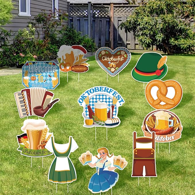 Amyhill 12 Pcs Oktoberfest Yard Decoration Outdoor Welcome to Oktoberfest Garden Lawn Signs with Stakes German Beer Festival Waterproof Outdoor Decor for Patio Lawn Walkway Party Supplies