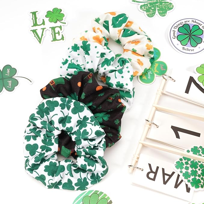 St Patrick's Day Hair Ties for Women Girls Lucky Green Shamrock Hair Scrunchies Irish Elastics Hair Bands Scrunchy Ropes Hair Accessories 4PCS