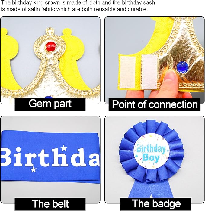 Birthday Party Set - King Crown, Sash, Decorations, Photo Props for Boys Kids Theme