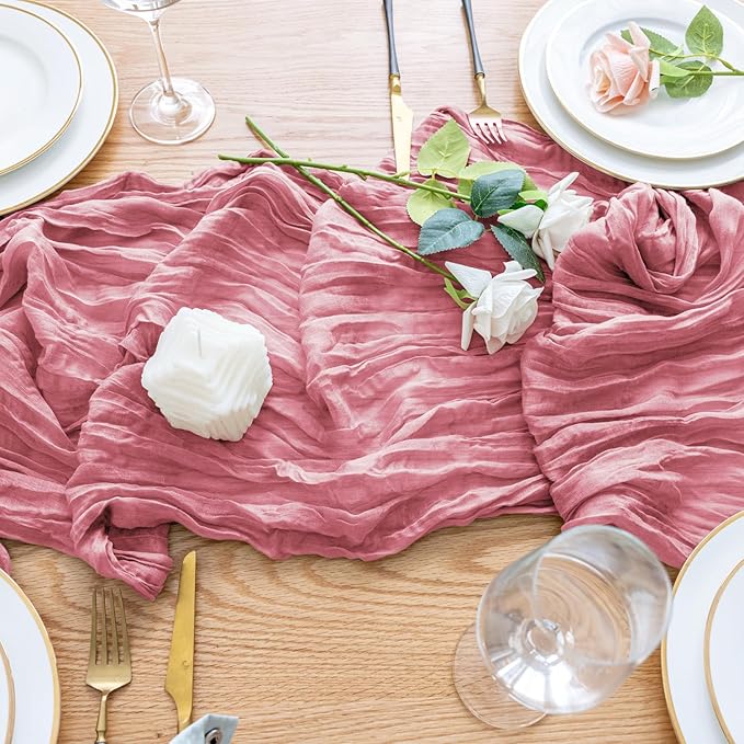 Wokceer Cheesecloth Table Runner 12Pack 10FT Dusty Rose Boho Gauze Cheese Cloth Table Runner for Party Long Rustic Sheer Table Runners for Baby Bridal Shower Wedding Easter Table Decor