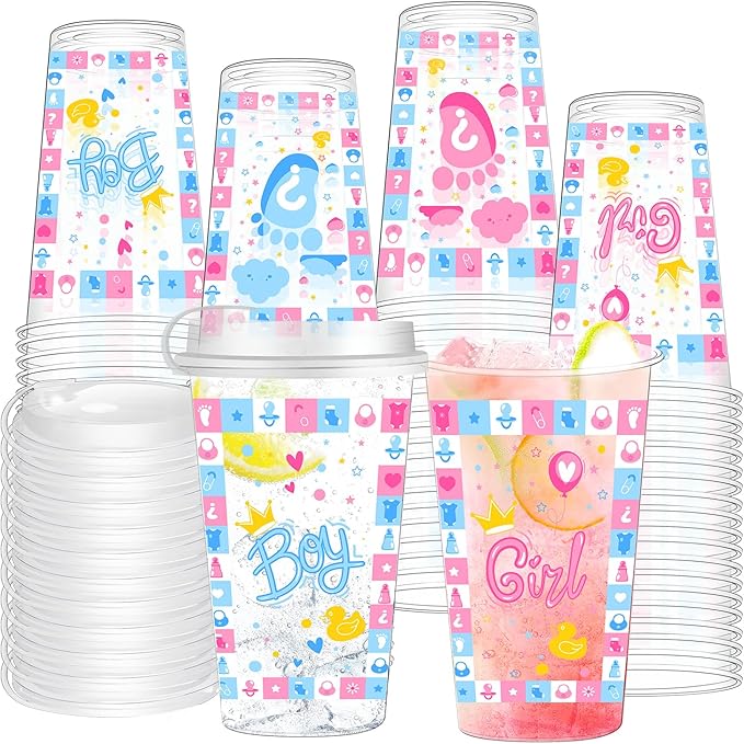 50 Pcs Gender Reveal Plastic Cups – Team Boy & Team Girl Disposable Thick Clear Plastic Drinking Cups with Lids, Gender Reveal Decorations for Baby Party, Pink and Blue Baby Shower Party Favors