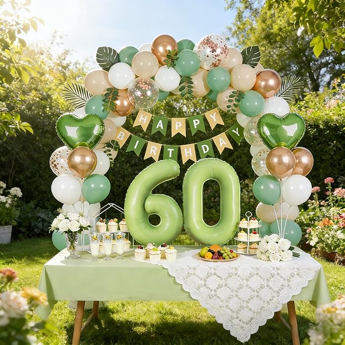Sage Green 60th Birthday Decorations, Sassy 60 Party Supplies for Women Men, Sand White & Cream Balloon Kit with Green Number 60 Balloon and Fringe Curtains
