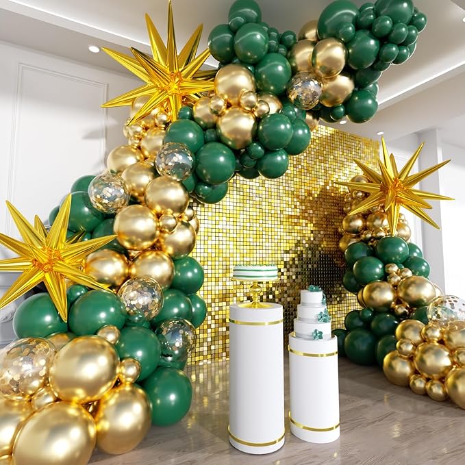 201Pcs Green and Gold Balloon Arch Kit, Explosion Star Emerald Dark Green Metallic Gold Latex Balloon Garland Kit, Different Size Balloons for Birthday Baby Shower Jungle Party Decoration