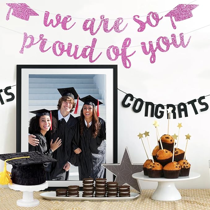 2026 Graduation Decorations Pre-Strung Blingbling We Are So Proud of You Banner Glitter Graduation Garland for Class of 2026 High School College Grad Party (Pink)