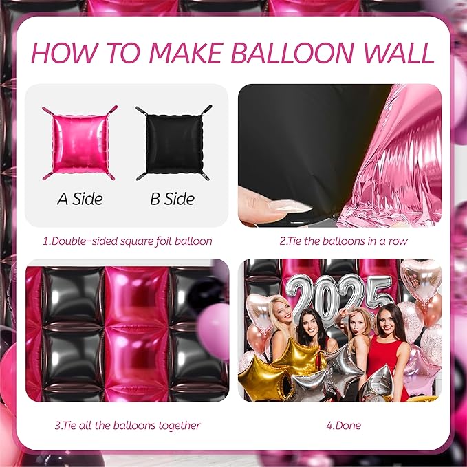 50PCS Hot Pink and Black Square Foil Balloon Wall, 19'' Reusable DIY Mylar Double Side Balloons Garland Tunnel Arch Kit for Anniversary Baby Shower Bachelorette Birthday Engagement Bridal Decor