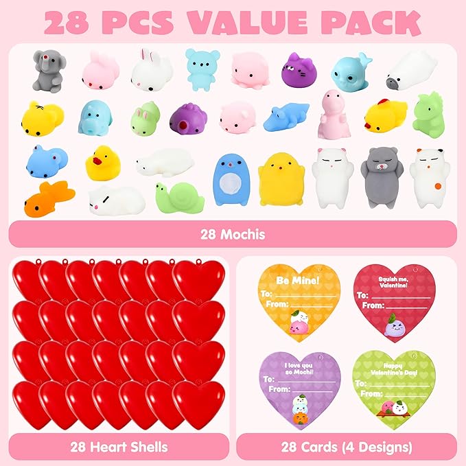 JOYIN 28 Packs Valentine Day Gift Cards with Mochi Squishy Toys and Filled Hearts for Kids Valentine Classroom Exchange, Kawaii Stress Relief Toys School Gifts Exchange, Games Prizes