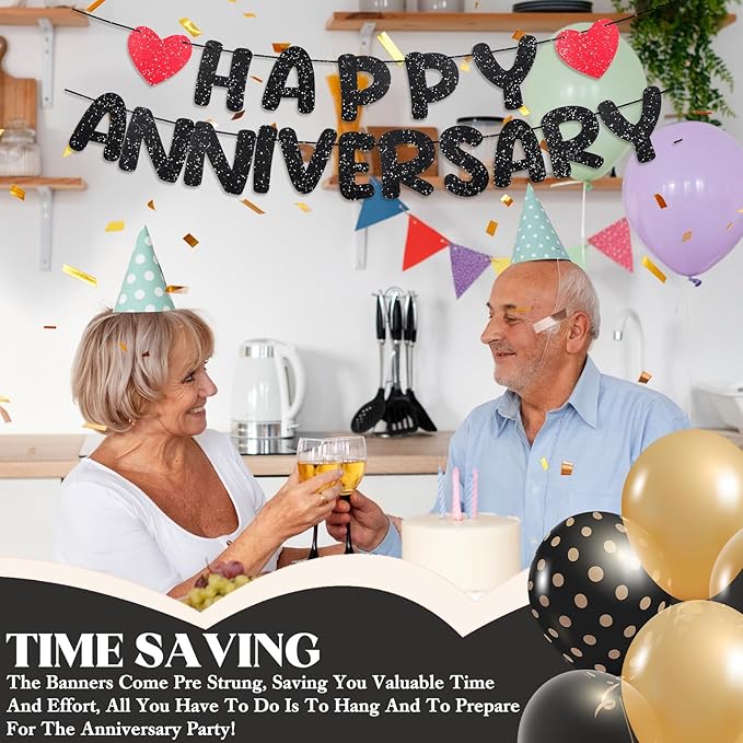 Happy Anniversary Decoration Glitter Anniversary Party Decorations Romantic Decorations Wedding Party Banner No DIY Pre-strung Happy Anniversaries Banner for Decoration Supplies Birthday Door(Black)