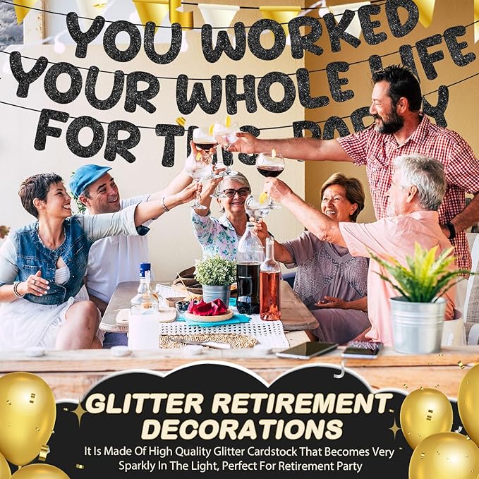Fulmoon Pre Strung You Worked Your Whole Life for This Party Banner Funny Retirement Glitter Banner Graduation Party Decorations Going Away Supplies for Men Women Gifts, No DIY (Black)