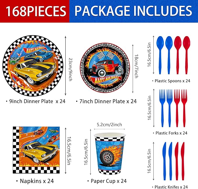 168pcs Racing Car Birthday Party Decorations Race Car Plates Napkins Disposable Parper Cups Blue Forks Tableware Set Party Supplies for Kids Boys Birthday Decor 24 Guests