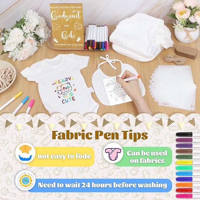 201 Pcs Baby Shower Set Baby Shower Game Sign Baby Bib Bodysuit White Baby Bib Newborn Bodysuit Baby Shower White Decorating Kit(Kraft)