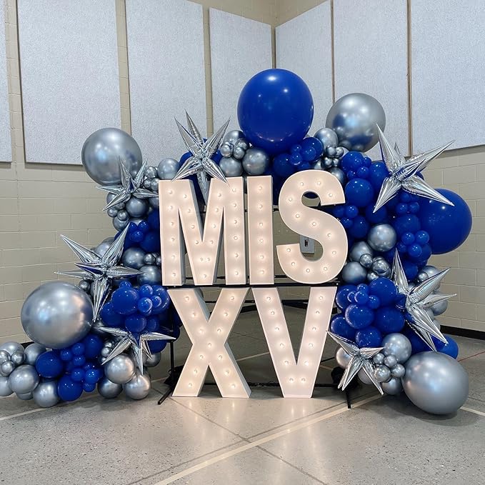 Blue and Silver Balloons Garland Arch Kit with Stars 200Pcs - 5 10 12 18 22 inch Balloon and Confetti Balloons for 2025 Graduation New Year Anniversary Birthday Wedding Prom Party Decorations
