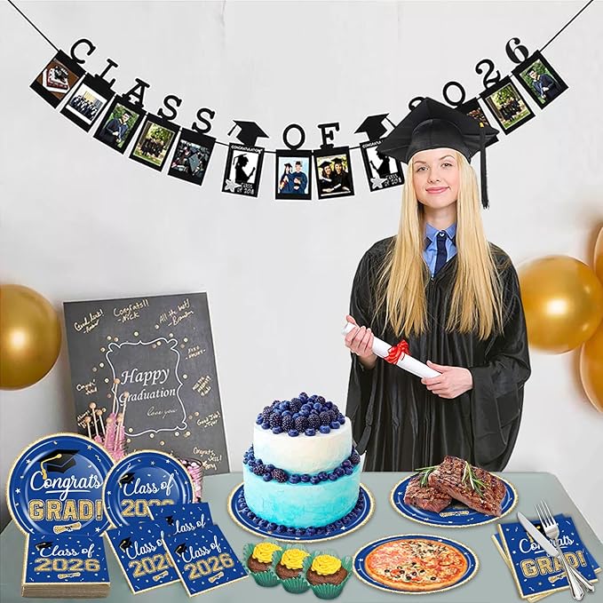 2026 Graduation Party Supplies Tableware Set - 200 Pcs Blue Gold Graduation Plates and Napkins Class of 2026 Disposable Dinnerware for College High School Congrats Grad Party Favors, Serve 50