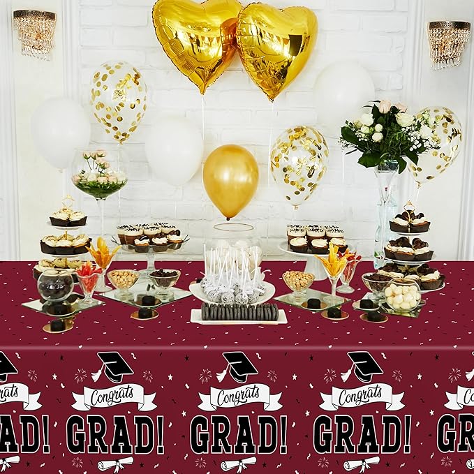 QZYL 2 PCS Graduation Decorations 2026, 108" X 54" Maroon Graduation Table Cloths, Rectangle Table Cloths for Class of 2026 Congrats Grad, Disposable Plastic Tablecover for Grad Decor Party Supplies