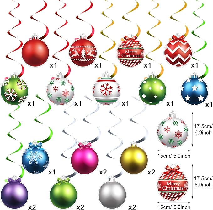 50 Pcs Christmas Foil Hanging Decorations Set Swirl Xmas Holiday Light Bulb Ball Hanging Swirls Ceiling Decorations for Indoor Outdoor Xmas Holiday Party Supplies