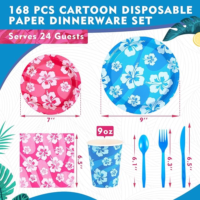 LemonRoad 168pcs Hawaiian Blue Pink Cartoon Birthday Party Supplies Disposable Tableware Set Serve 24 Guests Include Paper Plates Cups Napkins Plastic Spoons Forks Knives for Christmas Party Summer