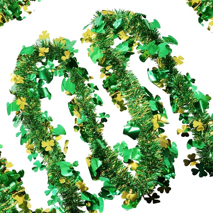 50 Ft St Patricks Day Garland Decorations,Lucky Gold Green Irish Shamrock Hat Glitter Tinsel Garland Hanging Decor for Tree Mantle Holiday Party Bedroom Office Classroom Indoor Outdoor