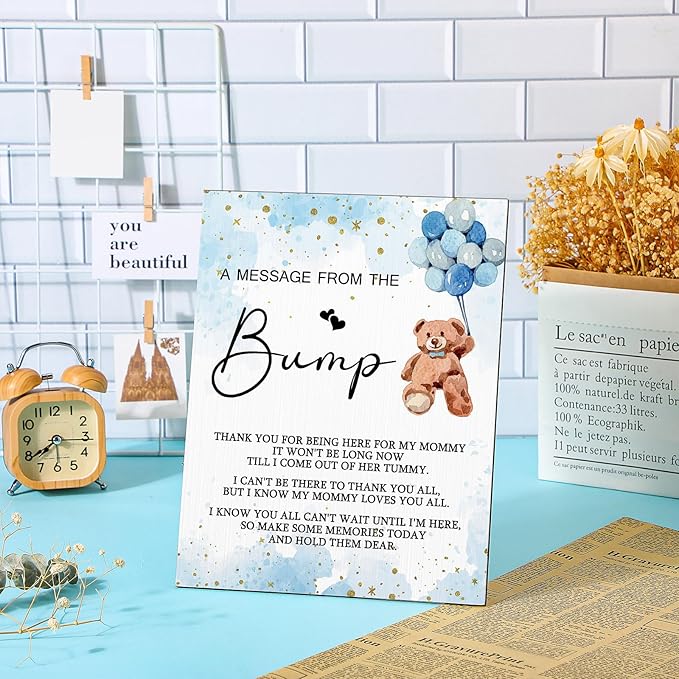 Roowest Cool Baby Shower Tabletop Decoration a Message from the Bump Wooden Baby Shower Games Sign Greenery Cute Gender Reveal Party Thank You Sign, 11.2 x 8.66 Inches(Bear)