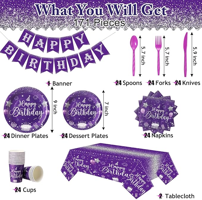 Vesici 171 Pcs Happy Birthday Party Supplies 24 Set Disposable Party Tableware include Plates Cups Napkins Cutlery and Banner Tablecloth Birthday Dinner Decorations for Men Woman(Purple, Silver)