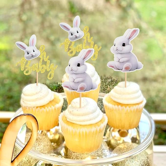 Ercadio 24pcs Cake Topper, Happy Easter Bunny Themed Cupcake Picks for Spring Birthday, Baby Shower Party Supplies