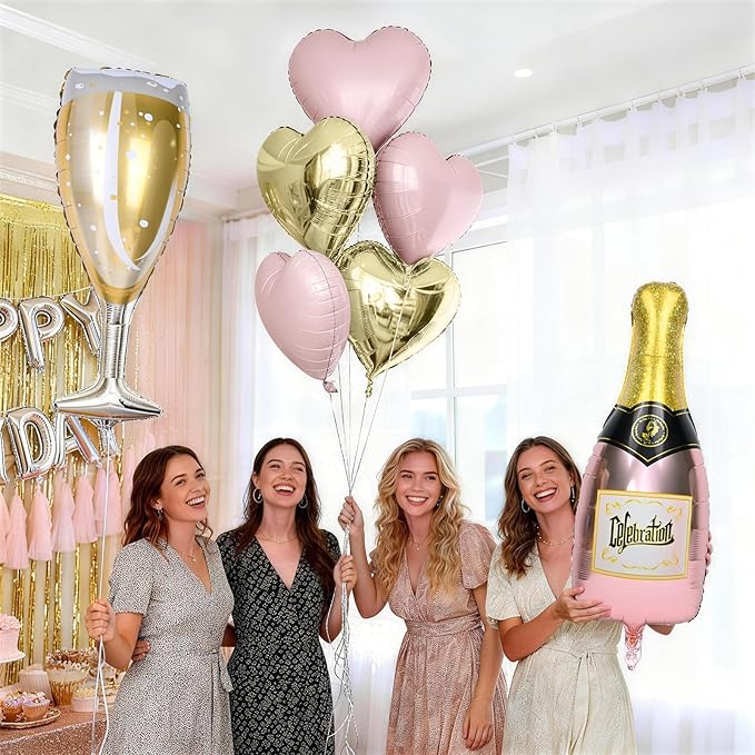 Champagne Balloons, Bachelorette Party Balloons with Champagne Bottle Glass Foil Mylar Balloon Baby Pink Gold Heart Shaped Balloon for Engagement Birthday Bridal Shower Wedding Anniversary Decorations