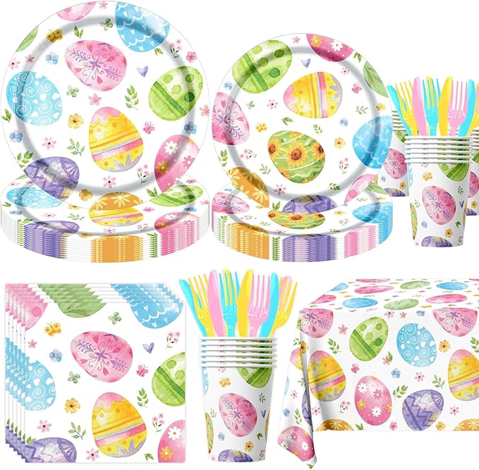 Easter Party Decorations Tableware,145pcs Easter Plates and Napkins,Cup,Tablecloth,Fork,Knife,Disposable Easter Egg Paper Plates and Napkins for Spring Easter Party Supplies,Sever 24