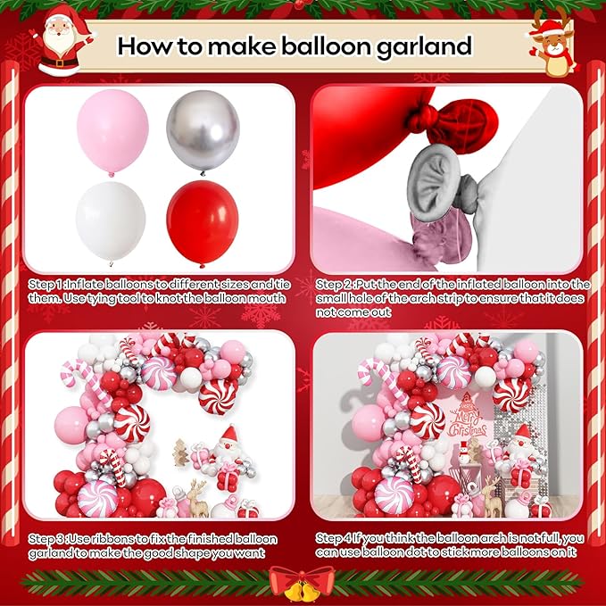 Christmas Balloon Arch 147 Pcs Red Pink White Silver Latex Balloons Garland Kit Pink Red Xmas Candy Cane Foil Balloon for Merry Christmas Birthday Baby Shower Holiday New Year Party Decoration