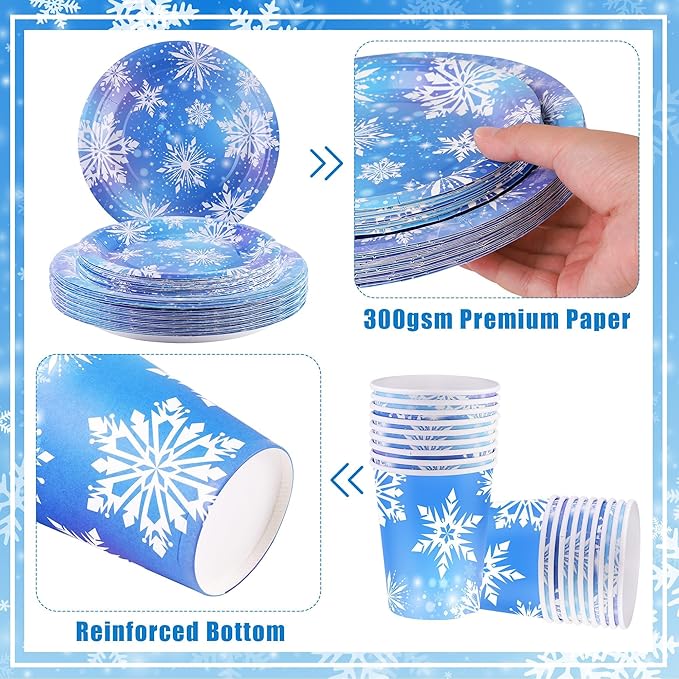 durony 144 Pieces Frozen Paper Plates and Napkins Dinnerware Set Winter Snowflake Party Tableware Supplies Includes Paper Plates Napkins Forks Serve 24 for Christmas Party Supplies