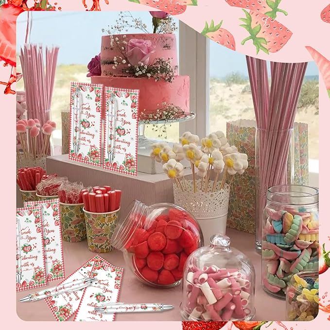 50 Pcs Strawberry Baby Shower Ballpoint Pens Favors Bulk,Baby Shower Gifts for Guest Prizes Neutral Gender Reveal Includes 50 Rolling Paper Pens and 50 Greeting Cards Souvenirs (Strawberry)