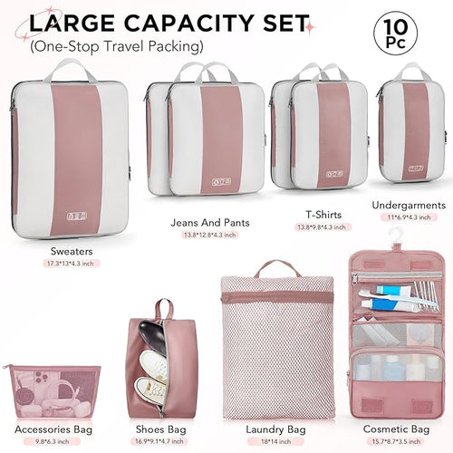 10 Set Compression Packing Cubes for Travel Essentials,Compressible Expandable Packing Cubes for Suitcase,OlarHike Luggage Organizer Bags for Travel,Handy Helper for Organizing Clothes(Light Coral)
