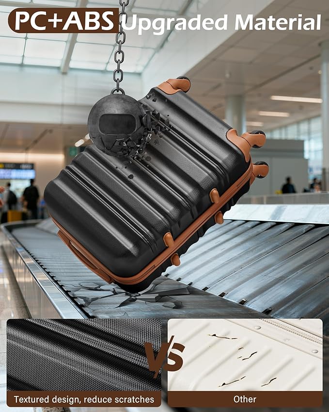 LONG VACATION Carry On Luggage Sets 3 Piece 20 Inch Suitcase Set, ABS+PC Hard shell Lightweight Travel Luggage with Spinner Wheels & YKK Zipper TSA Lock (BLACK-BROWN, 20 INCH (BP-2/TB))