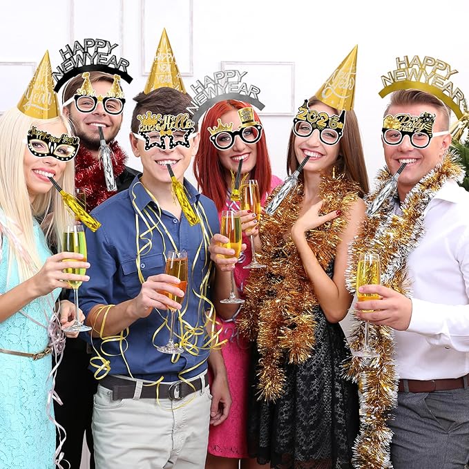 Openfly 36Pcs New Years Eve Party Supplies 2026 Happy New Year Hats Headband Tiara Noise Makers Paper Glasses Party Favors