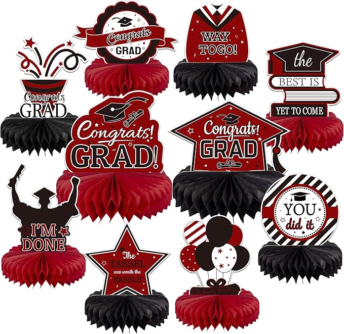 10PCS Graduation Decorations Class of 2025 Centerpieces, Congrats Grad Honeycomb Table Toppers for Graduation Party Favors, 2026 Graduation Party Decorations (10PCS, Maroon & Black)