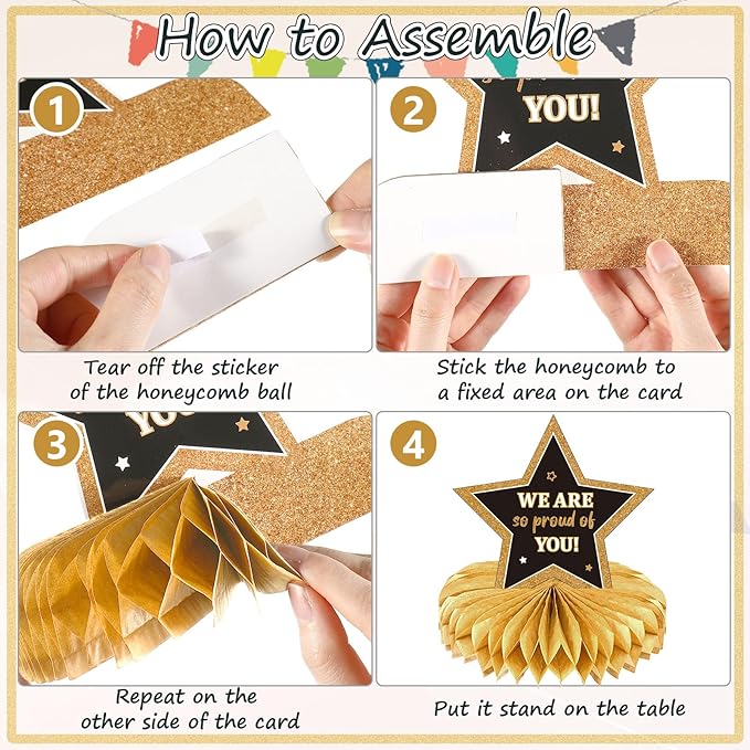 Yisong 9 Pieces 2026 Graduation Party Table Decorations Class of 2026 Congrats Graduation Centerpieces for Tables Congratulate Honeycomb Centerpiece Topper for Grad Party Supplies(Black Gold)