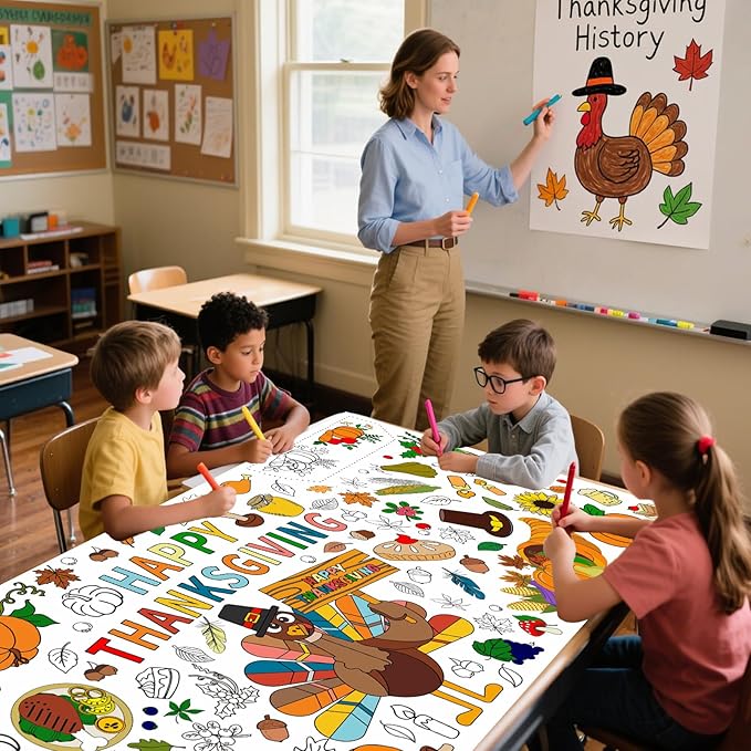 Thanksgiving Giant Coloring Poster,72 x 30 Inches Large Fall Thanksgiving Tablecloth/Banner for Kids DIY Coloring Tablecovers Gifts Turkey Pumpkin Fruits autumn School Classroom Home Party Supplies