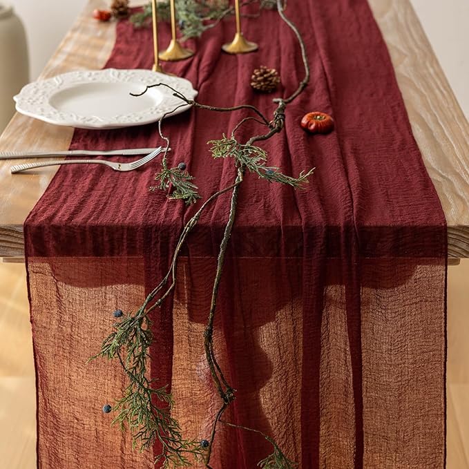 Keketoarrange 6pcs Burgundy Table Runner Red Table Runner Cheesecloth Gauze 120 Inch 10 FT Rustic Boho Cheese Cloth Runner for Wedding Baby Bridal Shower Party Long Sheer Spring Home Decorations