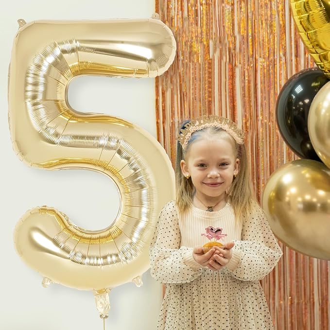 Light Gold Number 5 Balloon 40 Inch, Big Large Foil Helium White Gold Number Balloons, Giant Mylar Number 5 Balloons for 5 Year Old Birthday Party Decorations Supplies Anniversary