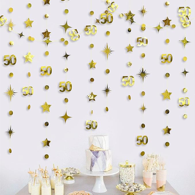 Gold 50th Birthday Decorations Number 50 Circle Dot Twinkle Star Garland Metallic Hanging Streamer Bunting Banner Backdrop for 50 Year Old Birthday Happy 50th Anniversary Fiftieth Party Supplies