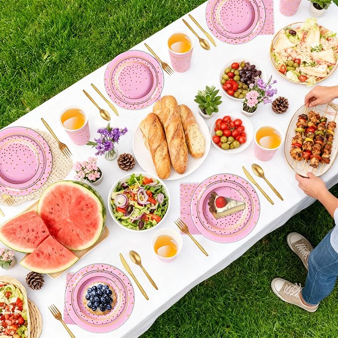 OuMuaMua Disposable Pink Paper Plates Party Supplies for 24 Guests, 168 Pcs Party Plates, Cups and Napkins with Utensils Set for Girls Birthday Baby Shower Princess Party Decor