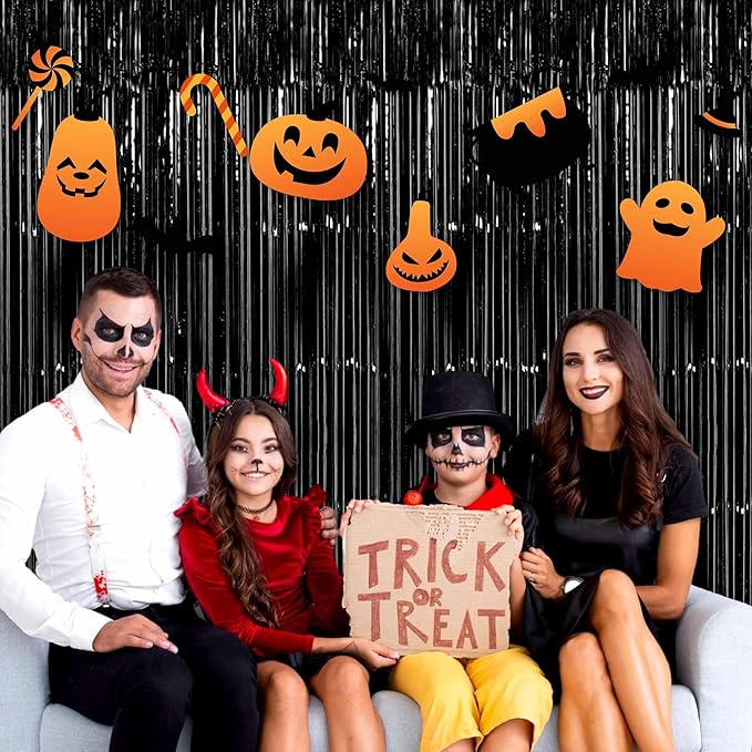 6 Pack Black Foil Fringe Curtains Backdrop, 3.28 x 9.8 Ft Metallic Streamers Tinsel Curtains Background for Photo Booth, Birthday, Halloween, Christmas, Thanksgiving, New Year Party Decorations