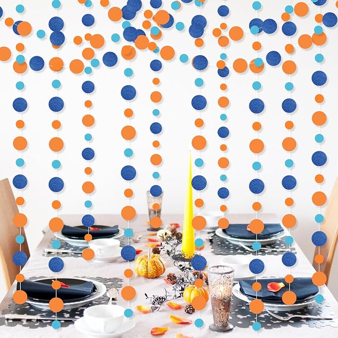 Outus 5 Pieces Round Dots Garland Valentine Easter Party Hanging Decor Each Length 13.1ft Glitter Paper Dot Streamers for Birthday Wedding Classroom (Orange, Blue)