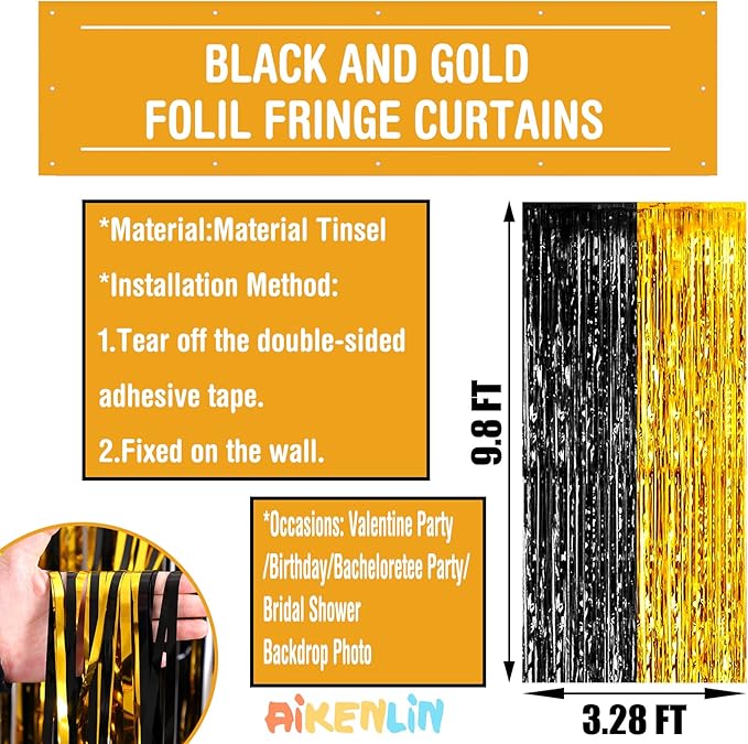 4 Pack 3.2Ft x 9.8Ft Black Gold Foil Fringe Curtain Backdrop, Metallic Tinsel Foil Fringe Streamers Curtains Background for Photo Booth, Birthday, Wedding, Graduation Party Decoration